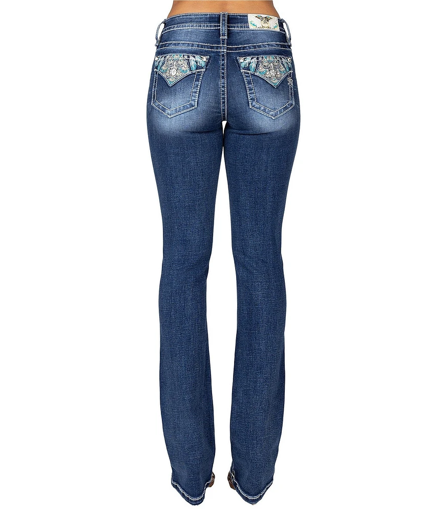 Miss Me Mid Rise Turquoise Leaves Pocket Slim Bootcut Jeans