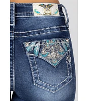 Miss Me Mid Rise Turquoise Leaves Pocket Slim Bootcut Jeans