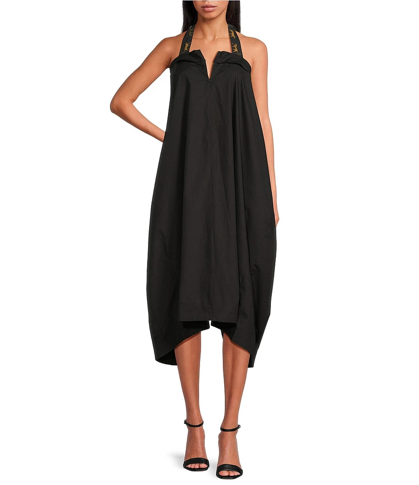 Mo Maya Leo Palm Halter Split V Neck Dress