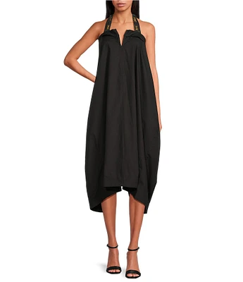 Mo Maya Leo Palm Halter Split V Neck Dress