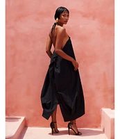 Mo Maya Leo Palm Halter Split V Neck Dress