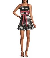 Mo Maya Luna Check and Leopard Print Strap Square Neckline Sleeveless Mini Dress