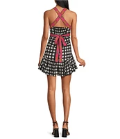 Mo Maya Luna Check and Leopard Print Strap Square Neckline Sleeveless Mini Dress