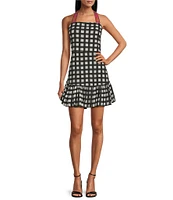Mo Maya Luna Check and Leopard Print Strap Square Neckline Sleeveless Mini Dress