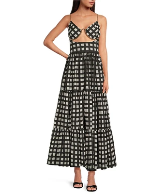 Mo Maya Luna Check V Neckline Sleeveless Maxi Dress