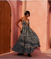 Mo Maya Luna Check V Neckline Sleeveless Maxi Dress