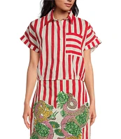 Mo Maya Red Stripe Dragon Print Camp Collar Short Sleeve Button Front Coverup Top