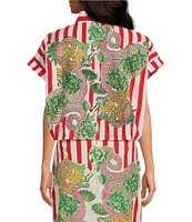 Mo Maya Red Stripe Dragon Print Camp Collar Short Sleeve Button Front Coverup Top