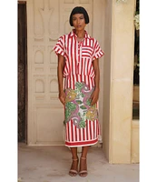 Mo Maya Red Stripe Dragon Print Camp Collar Short Sleeve Button Front Coverup Top