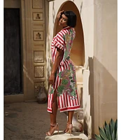 Mo Maya Red Stripe Dragon Print Camp Collar Short Sleeve Button Front Coverup Top