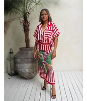 Mo Maya Red Stripe Dragon Print Camp Collar Short Sleeve Button Front Coverup Top