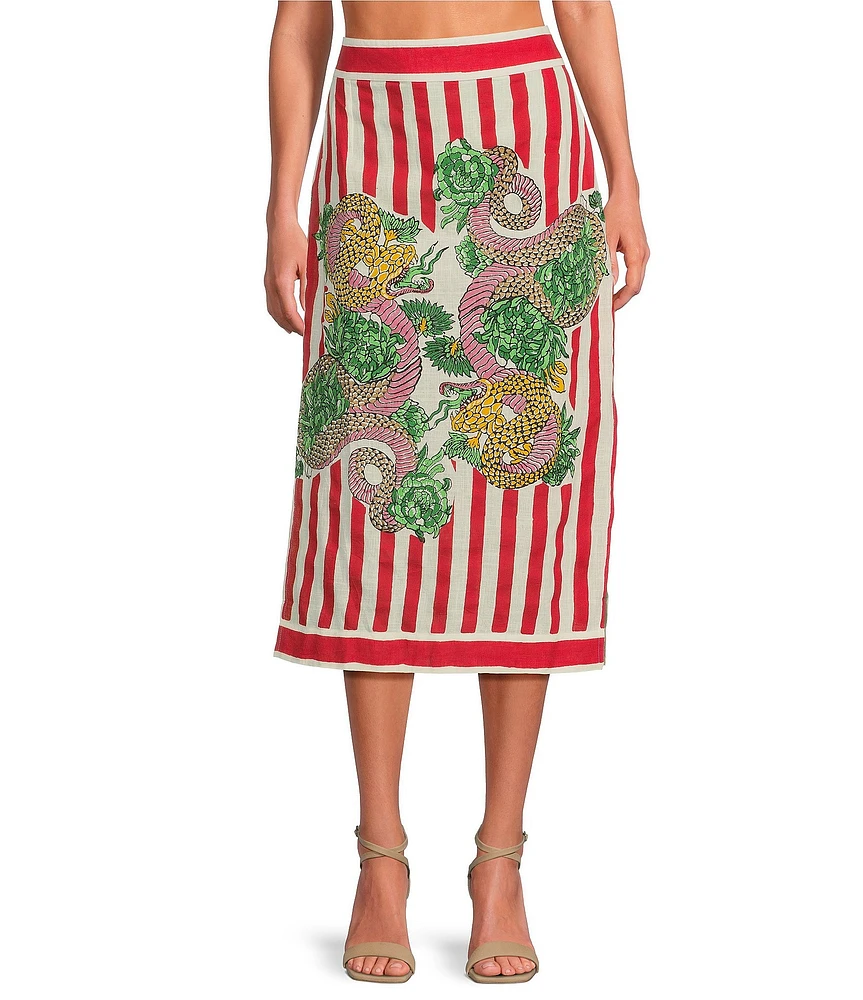Mo Maya Red Stripe Dragon Print High Rise Pencil Midi Skirt
