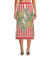 Mo Maya Red Stripe Dragon Print High Rise Pencil Midi Skirt