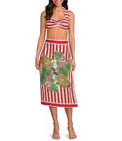 Mo Maya Red Stripe Dragon Print High Rise Pencil Midi Skirt
