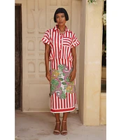 Mo Maya Red Stripe Dragon Print High Rise Pencil Midi Skirt