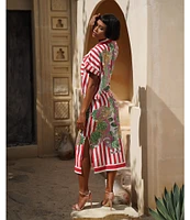Mo Maya Red Stripe Dragon Print High Rise Pencil Midi Skirt