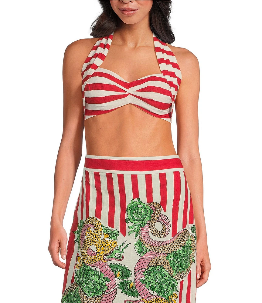 Mo Maya Red Stripe Print Halter Sweetheart Neckline Sleeveless Bra Top