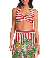 Mo Maya Red Stripe Print Halter Sweetheart Neckline Sleeveless Bra Top