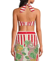 Mo Maya Red Stripe Print Halter Sweetheart Neckline Sleeveless Bra Top