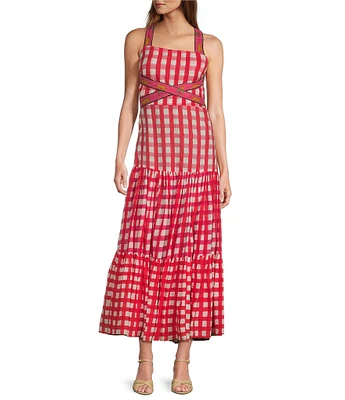 Mo Maya Runa Check and Leopard Strap Print Square Neckline Sleeveless Maxi Dress