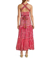 Mo Maya Runa Check and Leopard Strap Print Square Neckline Sleeveless Maxi Dress