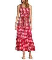 Mo Maya Runa Check and Leopard Strap Print Square Neckline Sleeveless Maxi Dress