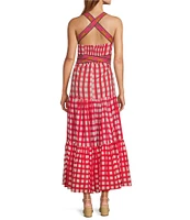 Mo Maya Runa Check and Leopard Strap Print Square Neckline Sleeveless Maxi Dress