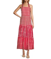Mo Maya Runa Check and Leopard Strap Print Square Neckline Sleeveless Maxi Dress