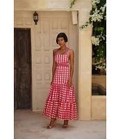 Mo Maya Runa Check and Leopard Strap Print Square Neckline Sleeveless Maxi Dress