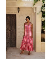 Mo Maya Runa Check and Leopard Strap Print Square Neckline Sleeveless Maxi Dress