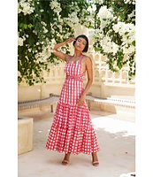 Mo Maya Runa Check and Leopard Strap Print Square Neckline Sleeveless Maxi Dress