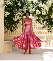 Mo Maya Runa Check and Leopard Strap Print Square Neckline Sleeveless Maxi Dress