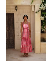Mo Maya Runa Check and Leopard Strap Print Square Neckline Sleeveless Maxi Dress