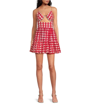 Mo Maya Runa Check Print V-Neckline Sleeveless Mini Dress