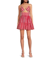 Mo Maya Runa Check Print V-Neckline Sleeveless Mini Dress