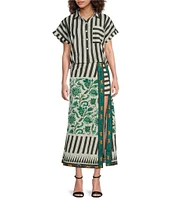 Mo Maya Stripe Print Notch Collar Short Sleeve Button Front Shirt
