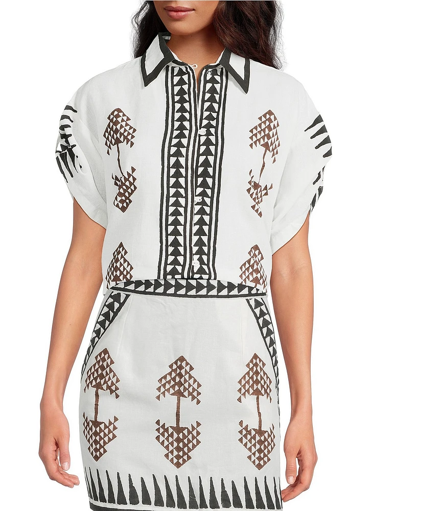 Mo Maya Tara Hand Painted Print Linen Blend Button Front Short Sleeve Coordinating Shirt
