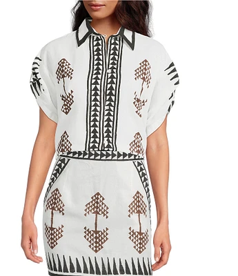 Mo Maya Tara Hand Painted Print Linen Blend Button Front Short Sleeve Coordinating Shirt
