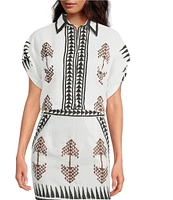 Mo Maya Tara Hand Painted Print Linen Blend Button Front Short Sleeve Coordinating Shirt