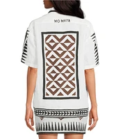 Mo Maya Tara Hand Painted Print Linen Blend Button Front Short Sleeve Coordinating Shirt
