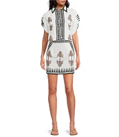 Mo Maya Tara Hand Painted Print Linen Blend Button Front Short Sleeve Coordinating Shirt