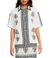 Mo Maya Tara Hand Painted Print Linen Blend Button Front Short Sleeve Coordinating Shirt