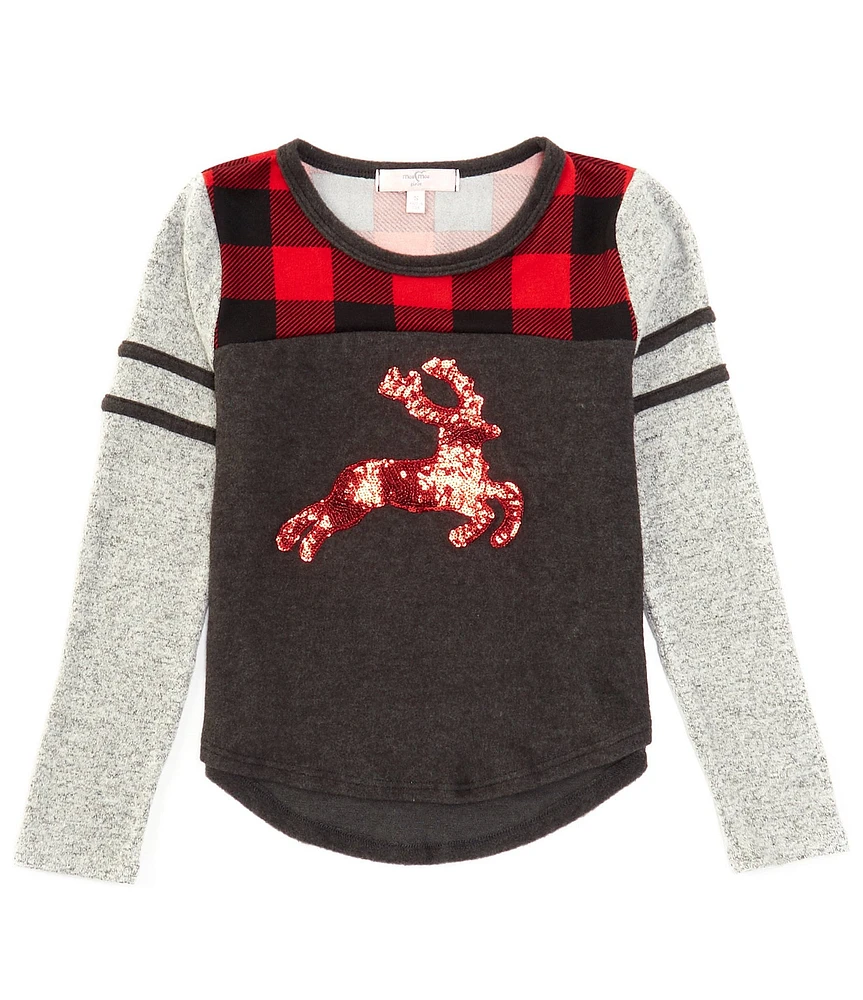 Moa Moa Big Girls 7-16 Long-Sleeve Mixed-Media-Printed Sequin-Embellished-Reindeer T-Shirt