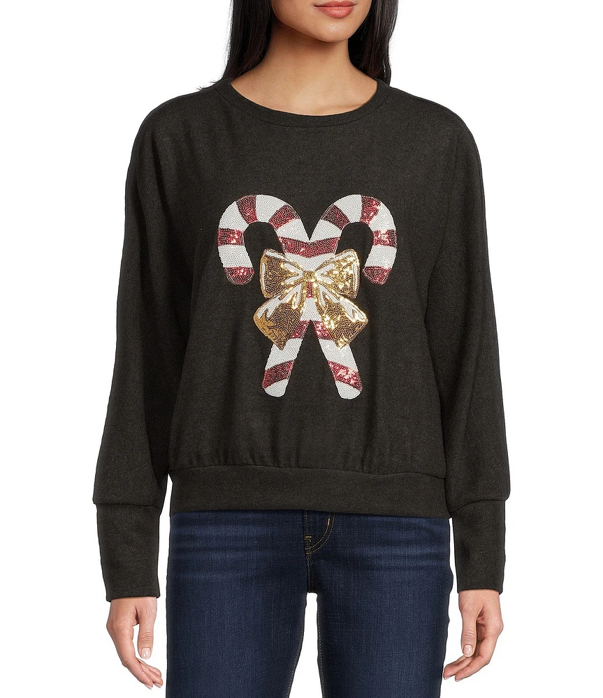 Moa Moa Candy Cane Bow Hacci Long Sleeve Crew Neck Sweater