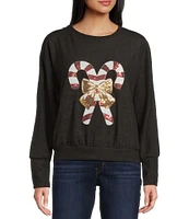 Moa Moa Candy Cane Bow Hacci Long Sleeve Crew Neck Sweater