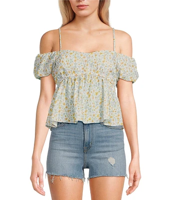 Moa Moa Cold Shoulder Floral Crop Halter Top