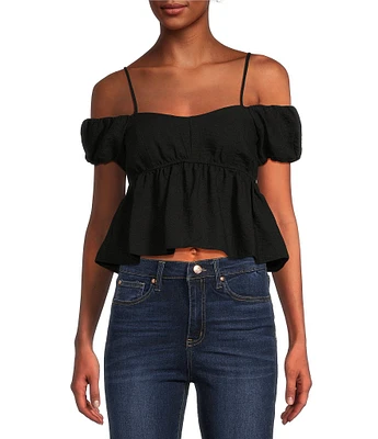 Moa Moa Cold Shoulder Ruffle Hem Crop Top