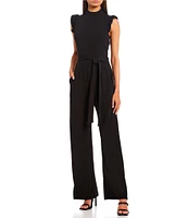 Moa Moa High Neck Flutter Sleeve Tie Waist Jumpsuit