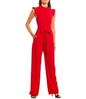 Moa Moa High Neck Flutter Sleeve Tie Waist Jumpsuit