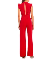 Moa Moa High Neck Flutter Sleeve Tie Waist Jumpsuit